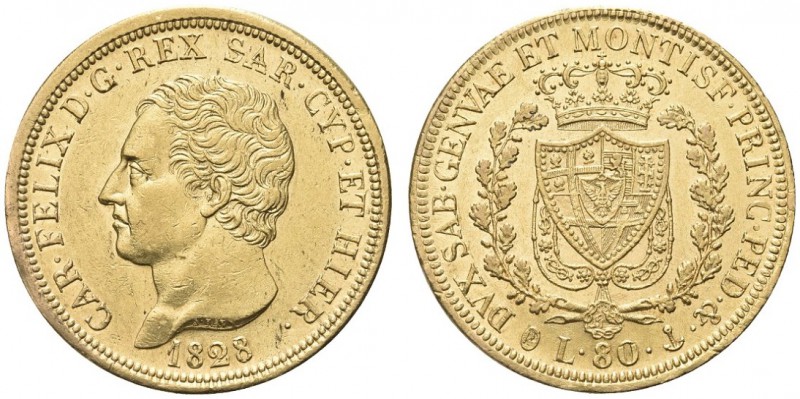 SAVOIA. Carlo Felice, Re di Sardegna, 1821-1831. 80 Lire 1828 Genova (P). Au Com...