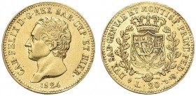 SAVOIA. Carlo Felice, Re di Sardegna, 1821-1831. 20 Lire 1824 Torino. Au Come precedente. Pag. 49; Gig. 23. Molto Rara. BB