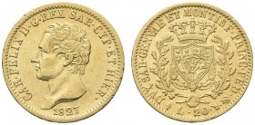 SAVOIA. Carlo Felice, Re di Sardegna, 1821-1831. 20 Lire 1827 Torino. Au Come precedente. Pag. 54; Gig. 28. Buon BB