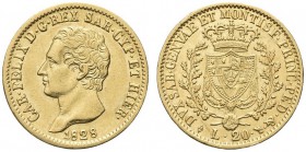 SAVOIA. Carlo Felice, Re di Sardegna, 1821-1831. 20 Lire 1828 Torino (L). Au Come precedente. Pag. 56; Gig. 30. Buon BB