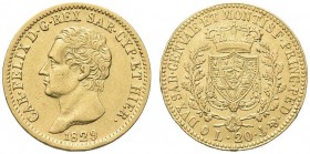 SAVOIA. Carlo Felice, Re di Sardegna, 1821-1831. 20 Lire 1829 Genova. Au Come precedente. Pag. 57; Gig. 31. Molto Raro. Colpetto. Buon BB