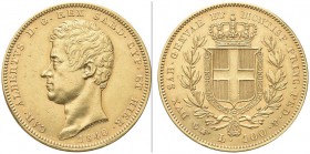 SAVOIA. Carlo Alberto, Re di Sardegna, 1831-1849. 100 Lire 1840 Torino. Au Come precedente. Pag. 150; Gig. 11. Raro. Bel BB