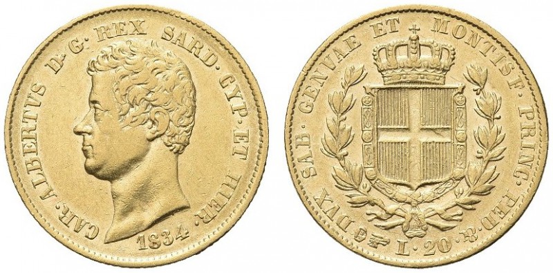 SAVOIA. Carlo Alberto, Re di Sardegna, 1831-1849. 20 Lire 1834 Torino. Au Dr. Te...