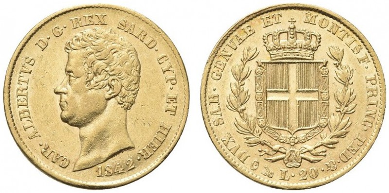 SAVOIA. Carlo Alberto, Re di Sardegna, 1831-1849. 20 Lire 1842 Genova. Au Come p...