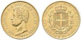SAVOIA. Carlo Alberto, Re di Sardegna, 1831-1849. 20 Lire 1846 Torino. Au Come precedente. Pag. 203; Gig. 39. Molto Raro. Bel BB