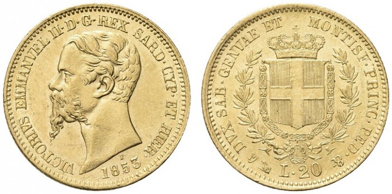 SAVOIA. Vittorio Emanuele II, Re di Sardegna, 1849-1861. 20 Lire 1853 Genova. Au...