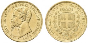 SAVOIA. Vittorio Emanuele II, Re di Sardegna, 1849-1861. 20 Lire 1853 Genova. Au Come precedente. Pag 343; Gig. 7. Non comune. Bello SPL