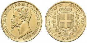 SAVOIA. Vittorio Emanuele II, Re di Sardegna, 1849-1861. 20 Lire 1857 Torino. Au Come precedente. Pag. 351; Gig. 14. Bello SPL