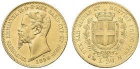 SAVOIA. Vittorio Emanuele II, Re di Sardegna, 1849-1861. 20 Lire 1858 Genova. Au Come precedente. Pag. 352; Gig. 15. Bello SPL