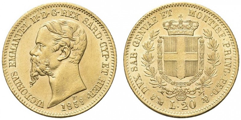 SAVOIA. Vittorio Emanuele II, Re di Sardegna, 1849-1861. 20 Lire 1859 Genova. Au...
