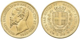 SAVOIA. Vittorio Emanuele II, Re di Sardegna, 1849-1861. 20 Lire 1859 Genova. Au Come precedente. Pag. 354; Gig. 17. Bello SPL/q. FDC