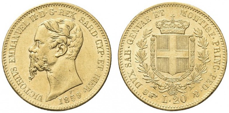 SAVOIA. Vittorio Emanuele II, Re di Sardegna, 1849-1861. 20 Lire 1859 Torino. Au...