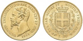 SAVOIA. Vittorio Emanuele II, Re di Sardegna, 1849-1861. 20 Lire 1861 Torino. Au Come precedente. Pag. 359; Gig. 22. Raro. Più che SPL