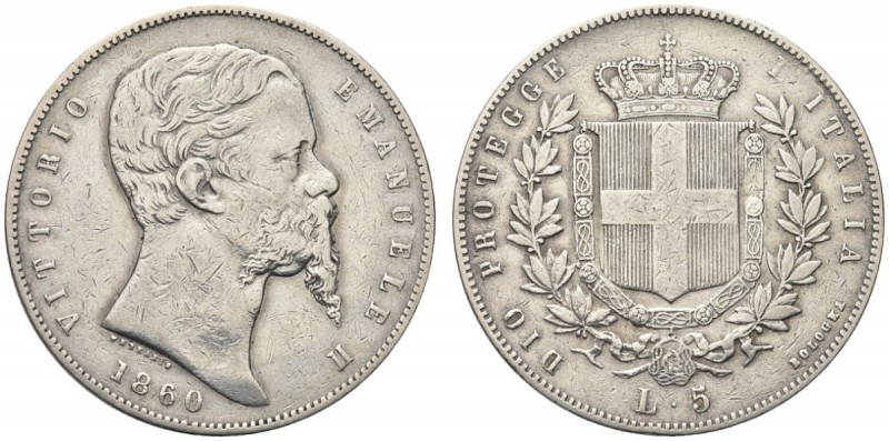 SAVOIA. Vittorio Emanuele II, Re Eletto, 1859-1861. 5 Lire 1860 Bologna. Ar. Dr....