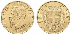 SAVOIA. Vittorio Emanuele II, Re d’Italia, 1861-1878. 20 Lire 1870 Torino. Au Come precedente. Pag. 465; Gig. 15. Molto Raro. SPL