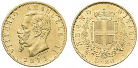 SAVOIA. Vittorio Emanuele II, Re d’Italia, 1861-1878. 20 Lire 1871 Roma. Au Come precedente. Pag. 466; Gig. 16. Raro. SPL