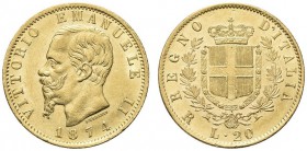 SAVOIA. Vittorio Emanuele II, Re d’Italia, 1861-1878. 20 Lire 1874 Roma. Au Come precedente. Pag. 471; Gig. 21. Raro. Bello SPL