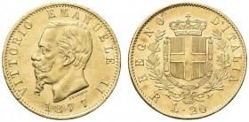 SAVOIA. Vittorio Emanuele II, Re d’Italia, 1861-1878. 20 Lire 1877 Roma, primo 7 ribattuto. Au Come precedente. Pag. 474; Gig. 24. Raro. q. SPL