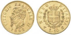 SAVOIA. Vittorio Emanuele II, Re d’Italia, 1861-1878. 10 Lire 1863 Torino, mm 19. Au Come precedente. Pag. 477a; Gig. 27a. q. FDC