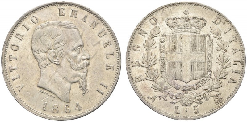 SAVOIA. Vittorio Emanuele II, Re d’Italia, 1861-1878. 5 Lire 1864 Napoli. Ar Dr....
