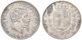 SAVOIA. Vittorio Emanuele II, Re d’Italia, 1861-1878. 5 Lire 1865 Napoli. Ar Come precedente. Pag. 488; Gig. 38. Raro. BB
