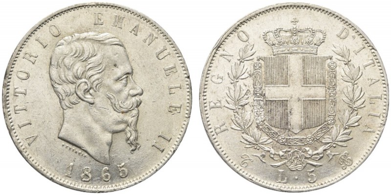 SAVOIA. Vittorio Emanuele II, Re d’Italia, 1861-1878. 5 Lire 1865 Torino. Ar Com...