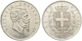 SAVOIA. Vittorio Emanuele II, Re d’Italia, 1861-1878. 5 Lire 1865 Torino. Ar Come precedente. Pag. 487; Gig. 37. Raro. Colpetti sul bordo. q. SPL
