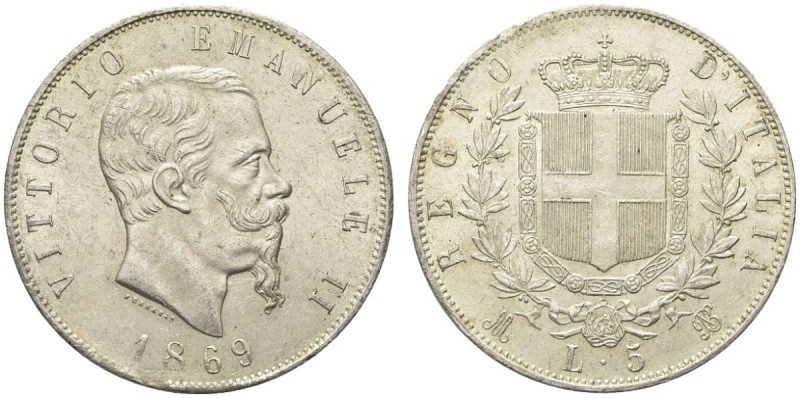 SAVOIA. Vittorio Emanuele II, Re d’Italia, 1861-1878. 5 Lire 1869 Milano. Ar Com...