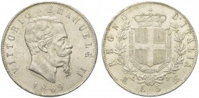 SAVOIA. Vittorio Emanuele II, Re d’Italia, 1861-1878. 5 Lire 1869 Milano. Ar Come precedente. Pag. 489; Gig. 39. SPL