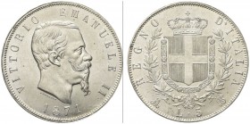 SAVOIA. Vittorio Emanuele II, Re d’Italia, 1861-1878. 5 Lire 1871 Milano. Ar Come precedente. Pag. 492; Gig. 42. q. FDC/FDC