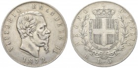 SAVOIA. Vittorio Emanuele II, Re d’Italia, 1861-1878. 5 Lire 1872 Roma. Ar Come precedente. Pag. 495; Gig. 45. Molto Raro. q. BB