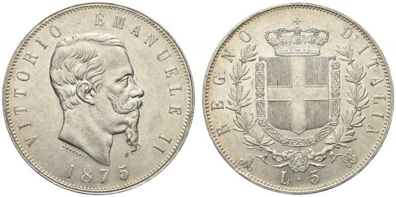 SAVOIA. Vittorio Emanuele II, Re d’Italia, 1861-1878. 5 Lire 1875 Milano. Ar Com...
