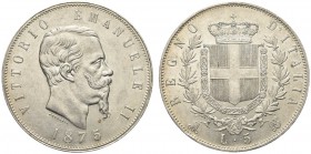 SAVOIA. Vittorio Emanuele II, Re d’Italia, 1861-1878. 5 Lire 1875 Milano. Ar Come precedente. Pag. 499; Gig. 49. SPL
