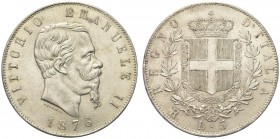 SAVOIA. Vittorio Emanuele II, Re d’Italia, 1861-1878. 5 Lire 1876 Roma. Ar Come precedente. Pag. 502; Gig. 50. SPL/FDC