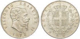 SAVOIA. Vittorio Emanuele II, Re d’Italia, 1861-1878. 5 Lire 1877 Roma. Ar Come precedente. Pag. 503; Gig. 51. q. FDC