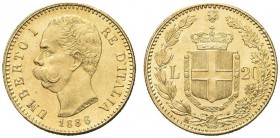 SAVOIA. Umberto I, Re d’Italia, 1878-1900. 20 Lire 1886, oro rosso. Au Come precedente. Pag. 582; Gig. 16. Raro. q. FDC