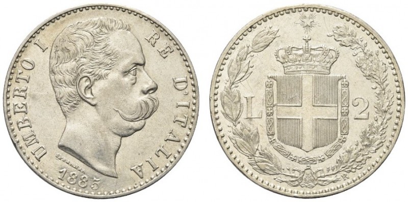 SAVOIA. Umberto I, Re d’Italia, 1878-1900. 2 Lire 1885. Ar Dr. Testa a d. Rv. St...