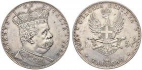 SAVOIA. Colonia Eritrea. Umberto I, 1890-1896. 5 Lire o Tallero 1896. Ar Come precedente. Pag. 631; Gig. 2. Rara. Bel BB