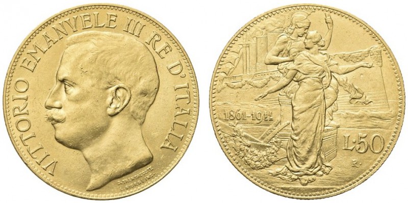 SAVOIA. Vittorio Emanuele III, Re d’Italia, 1900-1943. 50 Lire 1911 Cinquantenar...