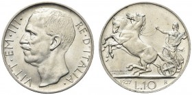 SAVOIA. Vittorio Emanuele III, Re d’Italia, 1900-1943. 10 Lire 1927 una rosetta Biga. Ar Come precedente. Pag. 692; Gig. 56. FDC