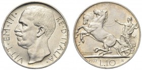 SAVOIA. Vittorio Emanuele III, Re d’Italia, 1900-1943. 10 Lire 1927 due rosette Biga. Ar Come precedente. Pag. 692a; Gig. 56a. Colpetto. SPL