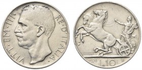 SAVOIA. Vittorio Emanuele III, Re d’Italia, 1900-1943. 10 Lire 1928 due rosette Biga. Ar Come precedente. Pag. 693a; Gig. 57a. Raro. Colpi. MB/BB