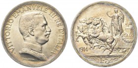SAVOIA. Vittorio Emanuele III, Re d’Italia, 1900-1943. 5 Lire 1914 Quadriga briosa. Ar Dr. Semibusto in uniforme con il Collare dell’Annunziata. Rv. F...