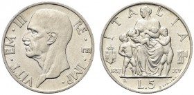SAVOIA. Vittorio Emanuele III, Re d’Italia, 1900-1943. 5 Lire 1937 Fecondità. Ar Come precedente. Pag. 720; Gig. 84. Rara. SPL