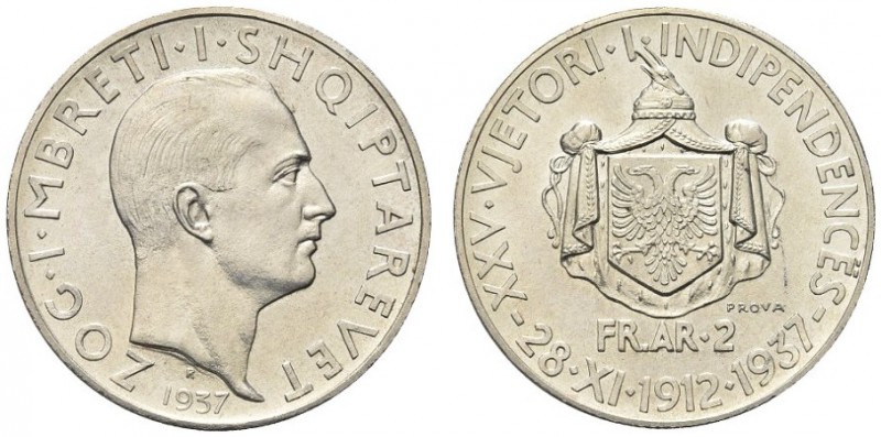 ALBANIA. Ahmed Zogu, Presidente, 1925-1928, Re, 1928-1939. 2 Franchi 1937 PROVA,...