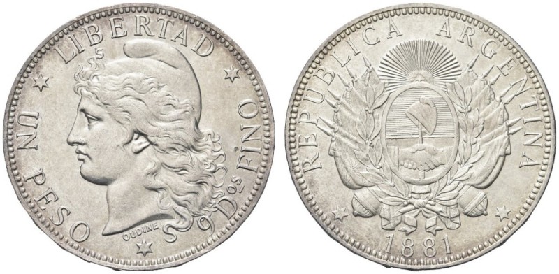 ARGENTINA. Repubblica Argentina., dal 1881. Peso 1881. Ar gr. 24,81 KM#29. q. FD...