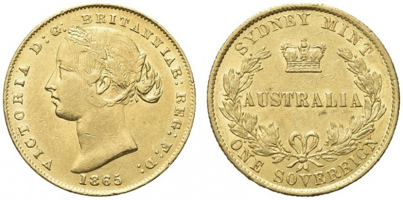 AUSTRALIA. Regina Vittoria, 1837-1901. Sterlina 1865, zecca di Sidney. Au gr. 7,...