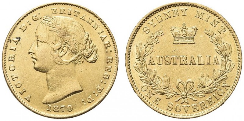 AUSTRALIA. Regina Vittoria, 1837-1901. Sterlina 1870, zecca di Sidney. Au gr. 7,...