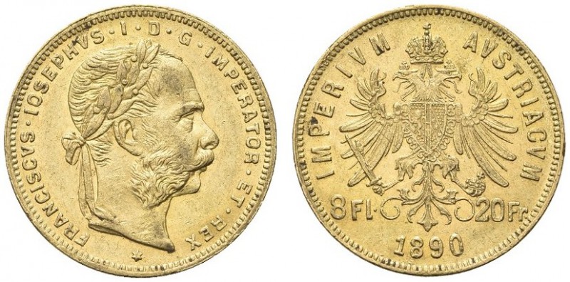 AUSTRIA. Francesco Giuseppe I, 1848-1916. 20 Franchi o 8 Fiorini 1890. Au gr. 6,...