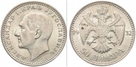 JUGOSLAVIA. Alessandro I, 1921-1934. 50 Dinara 1932. Ar gr. 24,83 KM#16. Raro. SPL/q. FDC